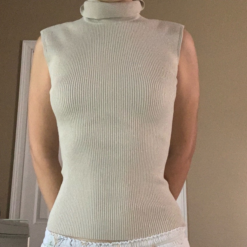 Open back shimmer knit turtleneck